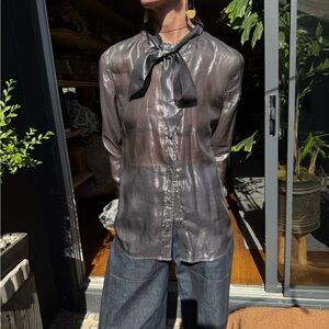 Kate Moss x Equipment Metallic Tie Neck Blouse Shimmer Shirt Size S